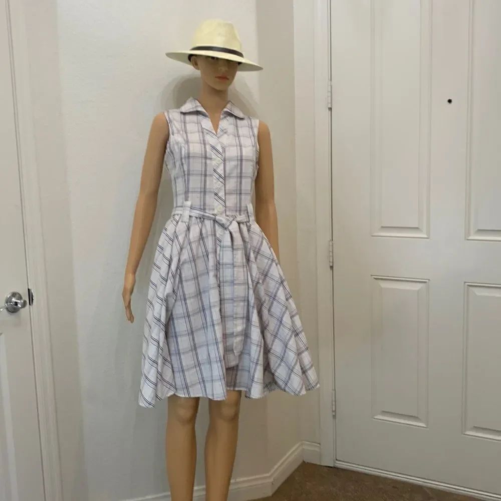 Ambiance Apparel Medium Fit & Flare Button Front Sleeveless Plaid Belted Dress